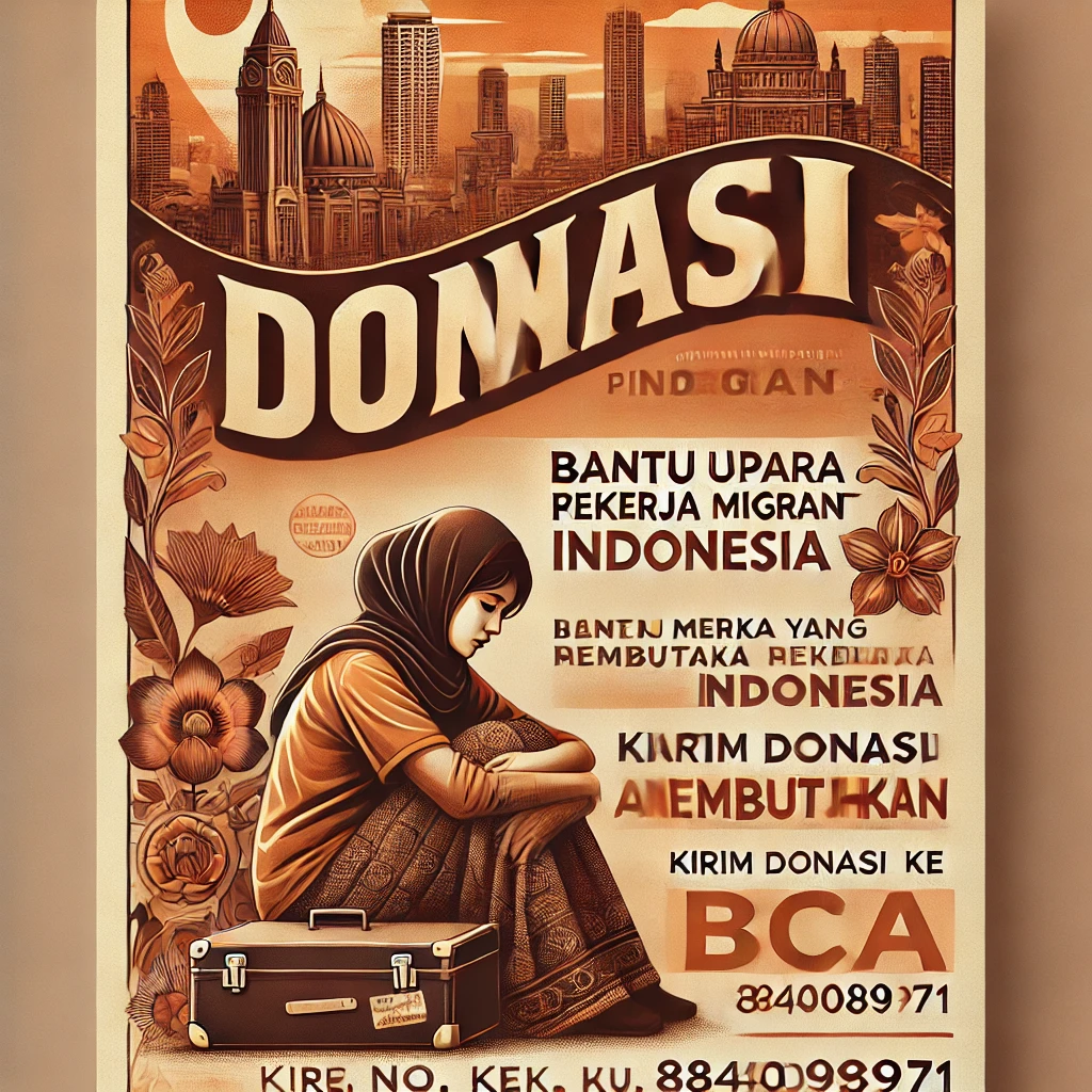 DALL·E 2025-01-23 03.57.53 - A visually striking flyer for a donation campaign supporting Indonesian migrant workers in need. The flyer has a warm and empathetic tone, featuring a